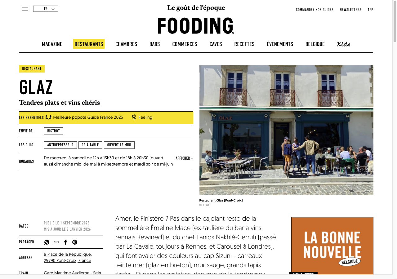 Glaz — restaurant bistronomique à Pont-Croix, Finistère