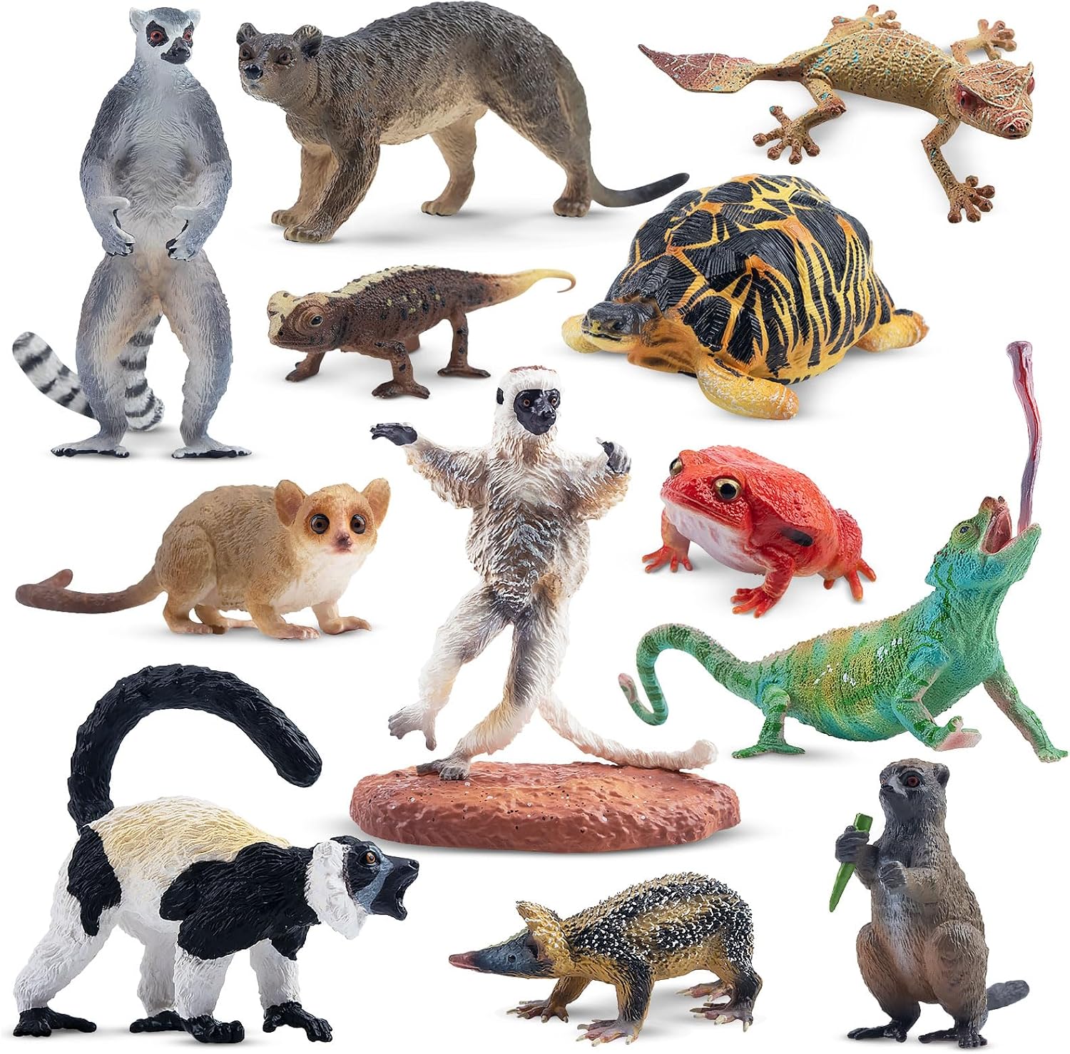 Lot de 12 figurines d'animaux de Madagascar - lemuriens, cameleons, fossa