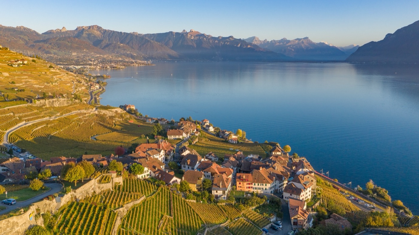 Vignoble en terrasses de Lavaux, entre le lac Léman et les murs de pierre, près de Saint-Saphorin dans le canton de Vaud